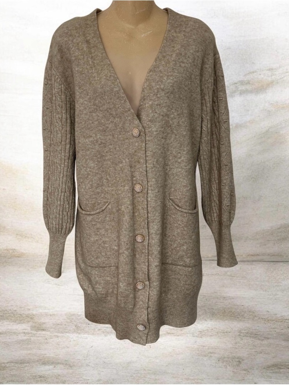 Neutral Taupe Jeweled Button-Front Women's Cardigan Sweater